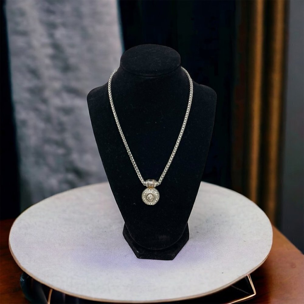 Silver/Pewter Tone Medallion Scroll Pendant on Snake Rope Chain Necklace